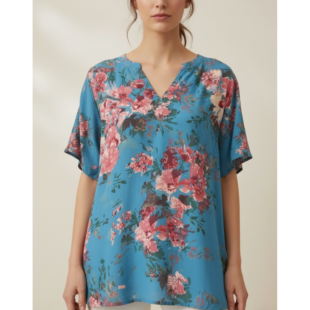 maurices Women's Blue Floral V-Neck Flutter Sleeve Top XL